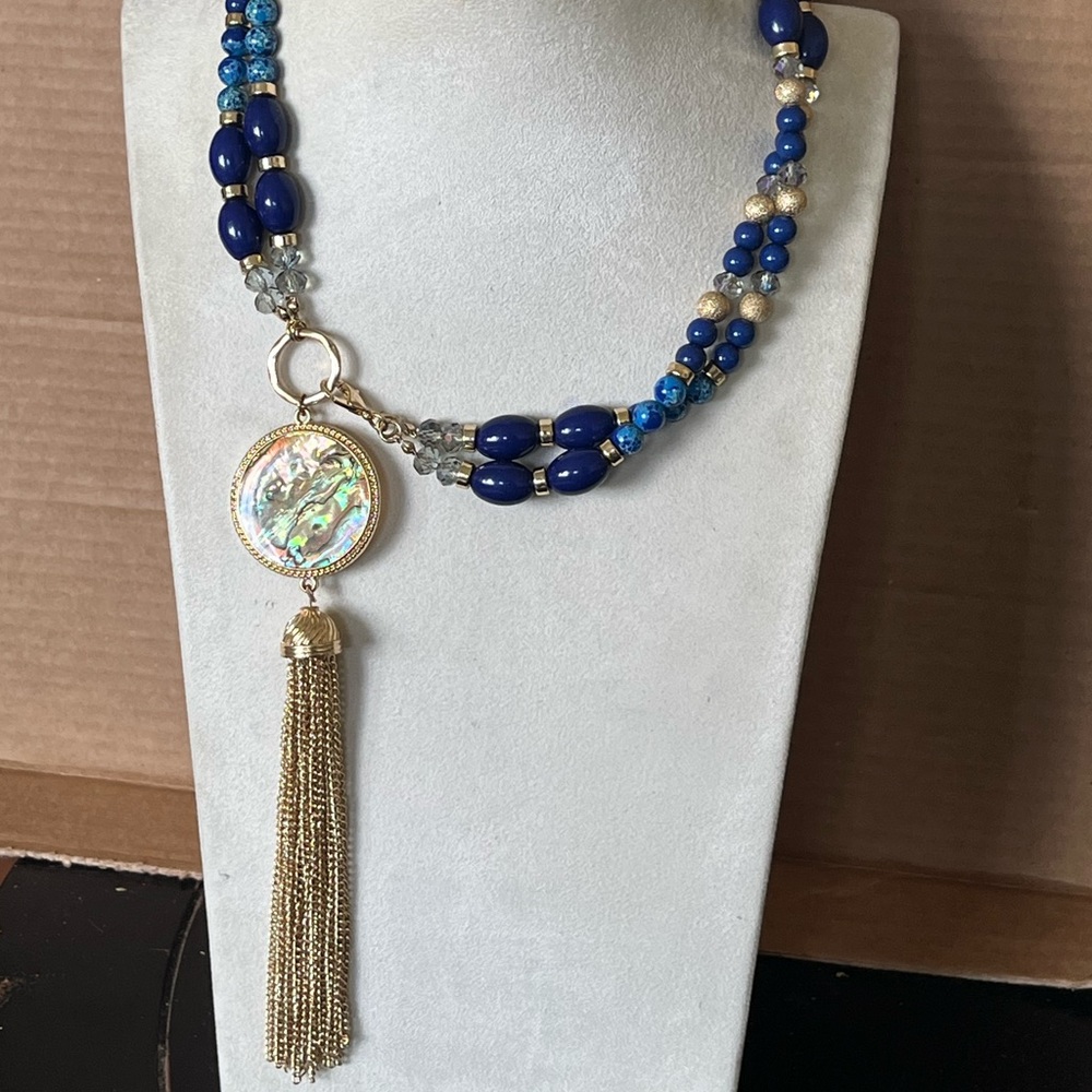 BOGO 80s to 90s Abalone Tassel Necklace. Faux Lapis Lazuli and Crystal Bead
